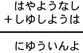 はやようなし＋しゆしようは＝にゆういんよ